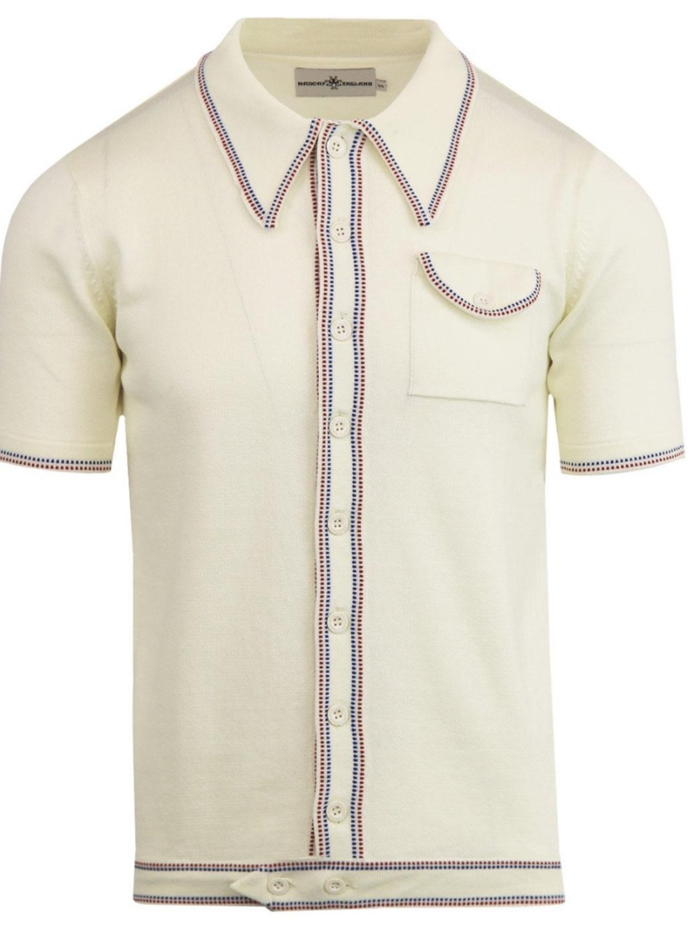 Crawdaddy Retro 70s Big Collar Knitted Button Through Polo Shirt in Winter White